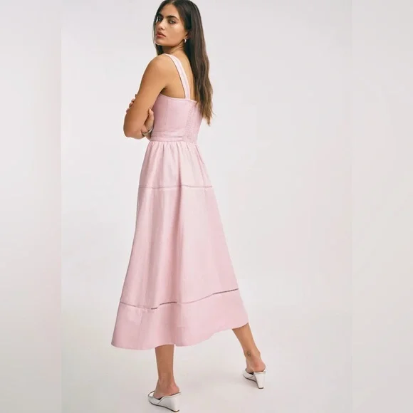 New Reformation Everett Midi Linen Sleeveless Dress - Size 6 Cherry Blossom Pink - Picture 4 of 12